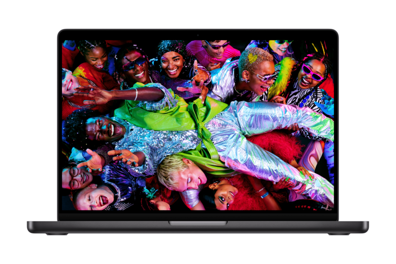 Screenshot of a laptop displaying a vibrant group portrait with neon and fluorescent color grading.