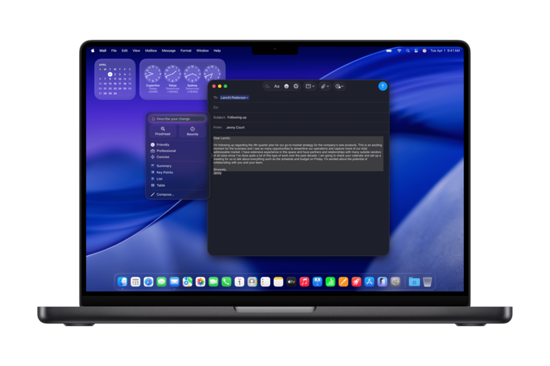 Screenshot of a Mac laptop displaying a dark-themed text editor window with sidebar panels and blue desktop wallpaper.
