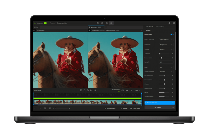 Screenshot of video editing software showing side-by-side comparison of portrait footage with color grading adjustments.