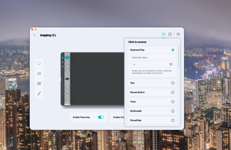 Screenshot of Inpainter 2.1 software interface showing keyboard remapping settings and options panel.