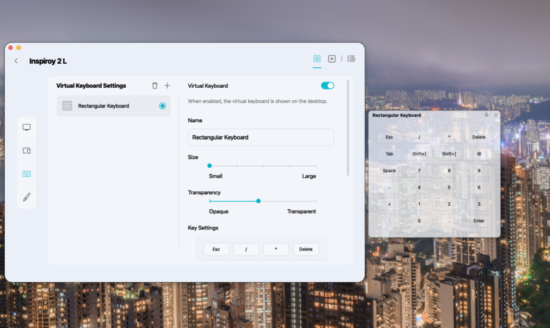 Screenshot of Inspirezy 2.1 virtual keyboard settings interface with adjustment panels.