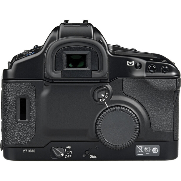 Rear view of a professional DSLR camera body showing LCD screen, controls, and grip texture.
