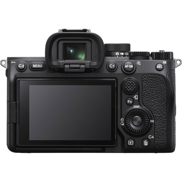 Rear view of a mirrorless camera with articulating touchscreen display and control buttons.