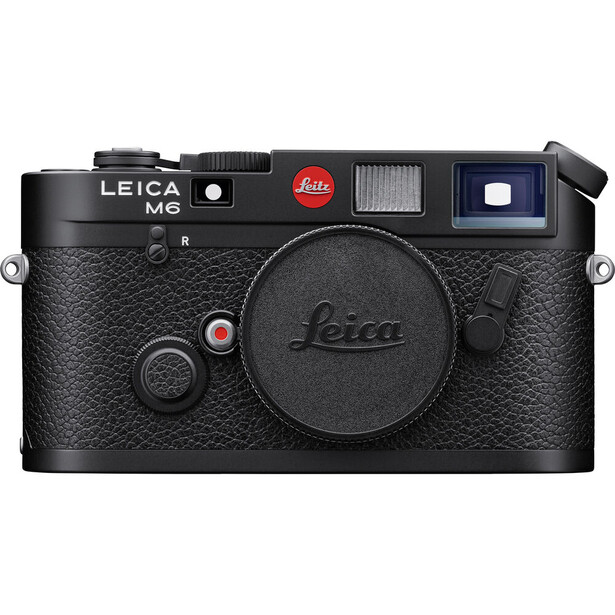 Leica M6 rangefinder camera body in black with textured grip, shown from front.