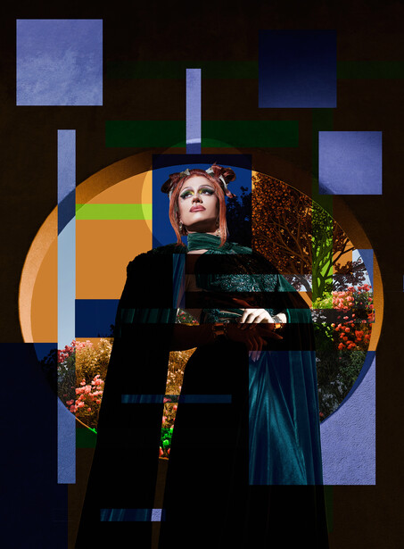Woman in dark clothing posed against geometric shapes and warm-toned circular backdrop.