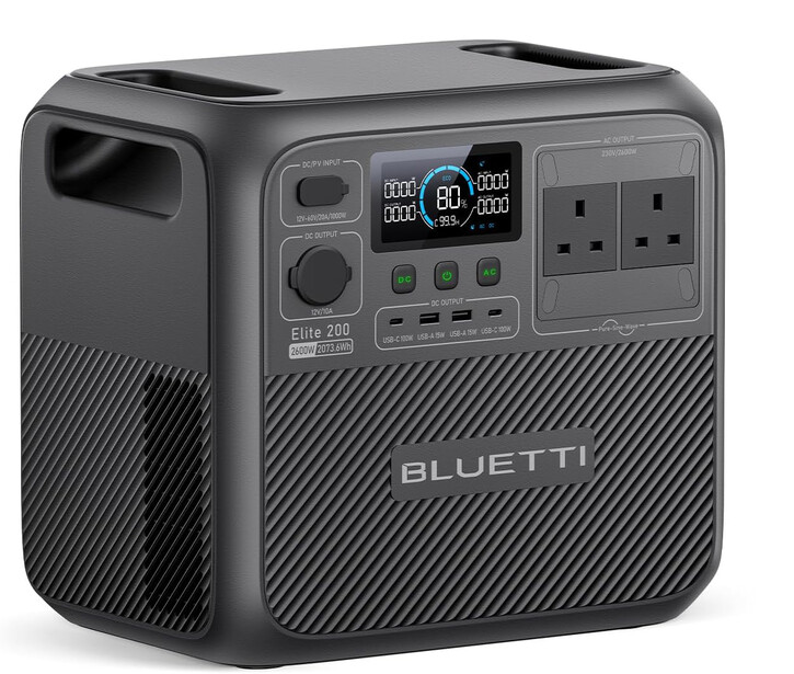 Bluetti portable power station with digital display, control panel, and AC outlets on front face.