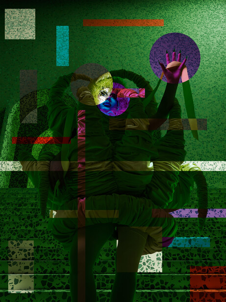 Surreal digital composite of a figure holding a vibrant sphere against a textured green background with geometric elements.