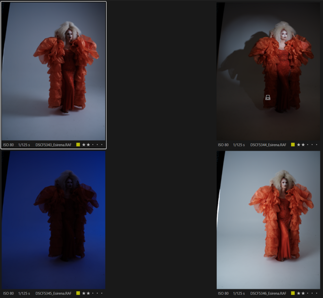 Four studio lighting setups showing a red feathered coat against different background colors and lighting conditions.