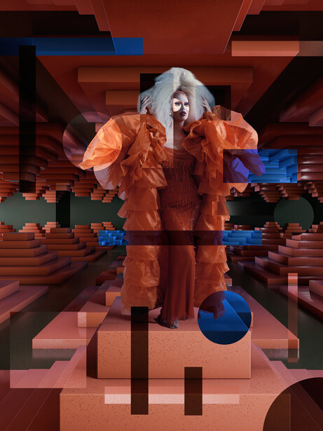 Digital art of a figure in an orange outfit centered in a symmetrical voxelated environment with blue spheres.