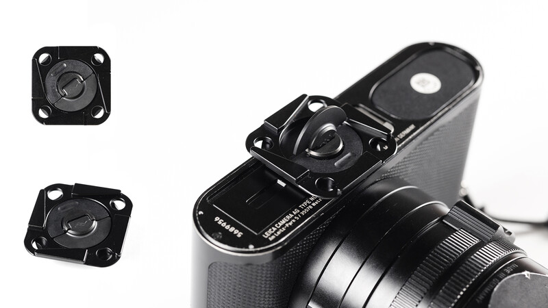 Camera hot shoe mount system with quick-release plate and detachable components displayed on DSLR.