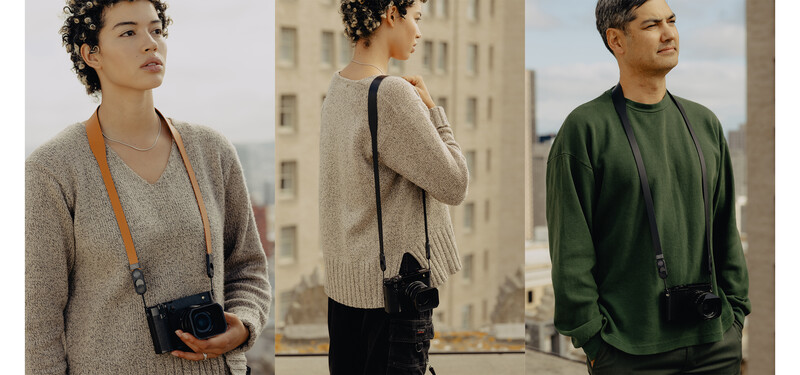 Three people wearing shoulder bags pose against urban backdrops with natural outdoor lighting.