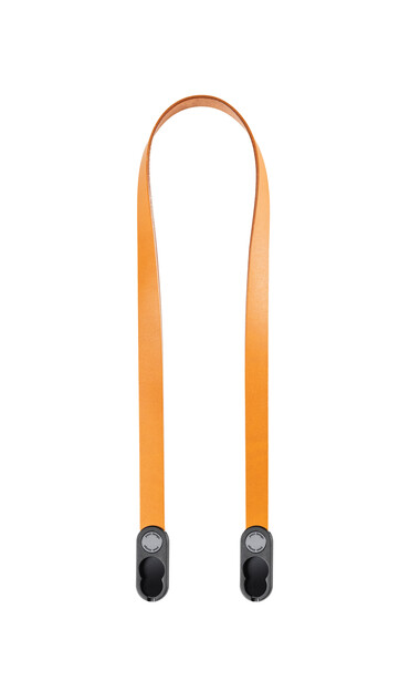 Orange camera strap with black plastic connectors and adjustment sliders.
