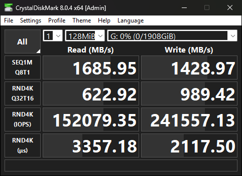 Screenshot of CrystalDiskMark 8.04 x64 showing disk performance benchmarks with read and write speeds.