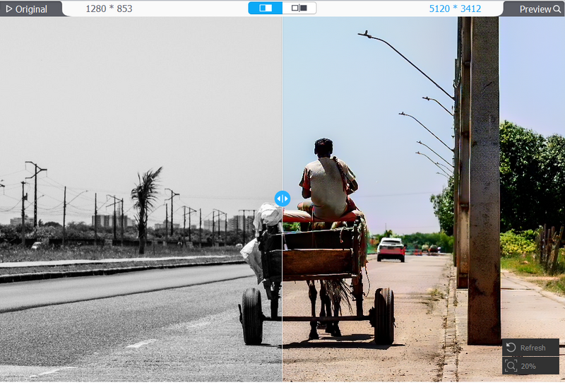 Man sitting on a horse-drawn wooden cart on a rural highway, with utility poles and sparse vegetation visible along the roadside.
