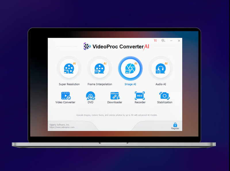 Screenshot of VideoProc Converter AI software interface displaying AI-powered video processing tools.