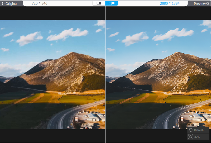 Side-by-side comparison of mountain landscape with highway, showing original and edited versions.