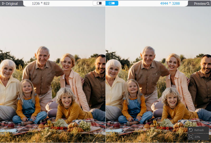 Multi-generational family posed together outdoors in a field during golden hour.