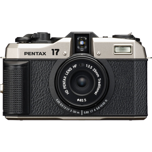 Pentax 17 35mm film camera with silver top plate and black textured body.