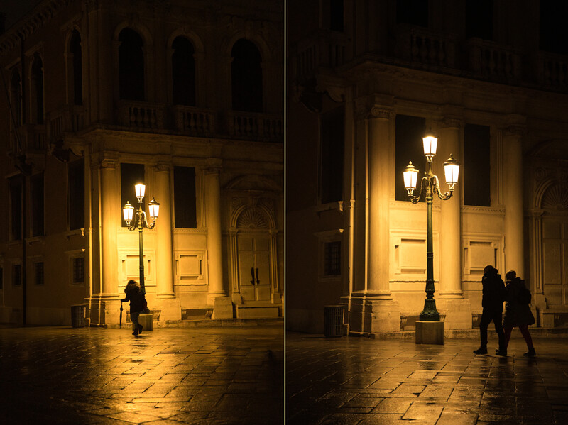 Late night street scene in Venice, Italy.