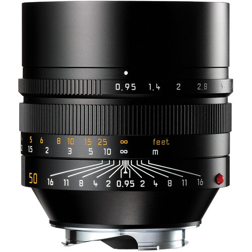 Leica 50mm f/0.95 lens with manual focus ring and depth of field scale visible.