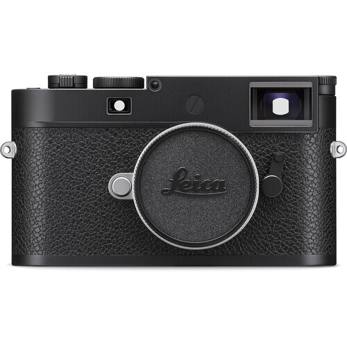 Leica M rangefinder camera body in black with textured leather finish and chrome accents.