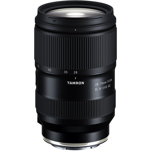 Tamron 28-75mm f/2.8 Di III RXD zoom lens with black barrel and front element against white background.