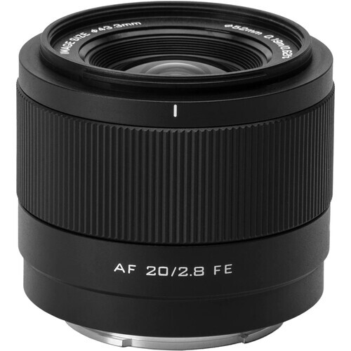 Viltrox AF 20/2.8 FE autofocus lens with black metal barrel and ribbed focus ring.