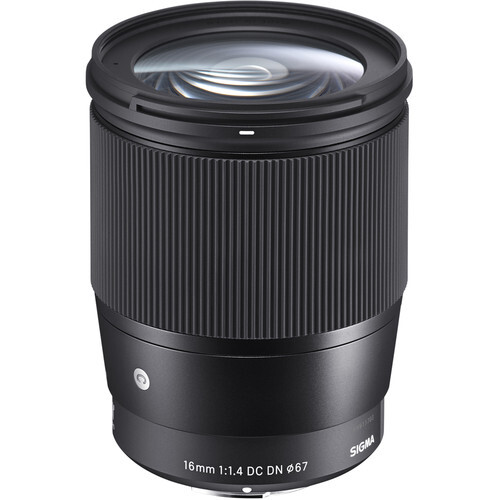 Sigma 16mm f/1.4 DC DN Contemporary lens with ribbed black barrel and glass front element.