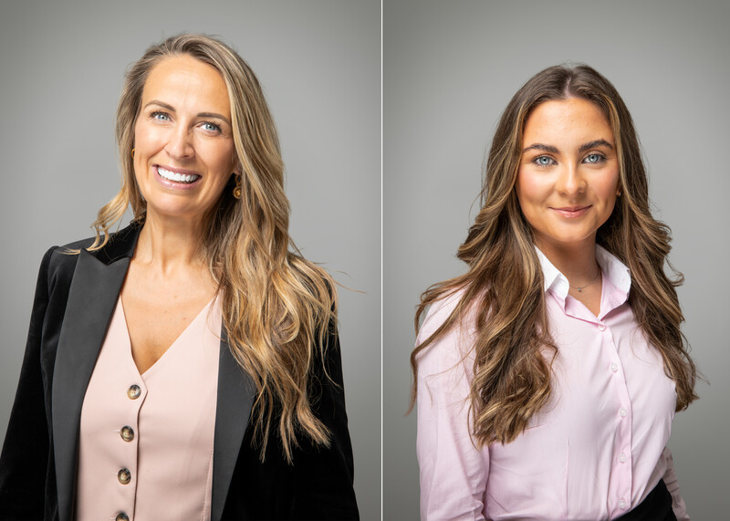 Professional headshot portraits of two women against neutral gray backgrounds.