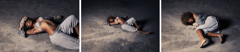 Man lying on concrete floor in three sequential poses showing body positioning and movement.