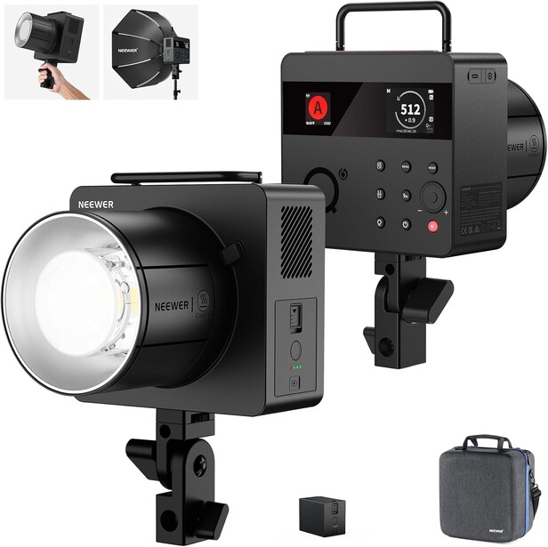Neewer studio LED light with reflector and control panel displayed with accessories and carrying case.