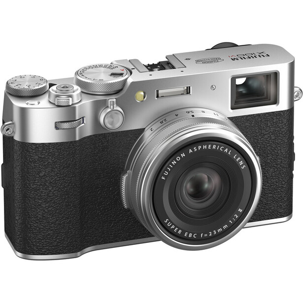 Fujifilm X100V rangefinder camera with silver and black finish, shown from front-left angle.