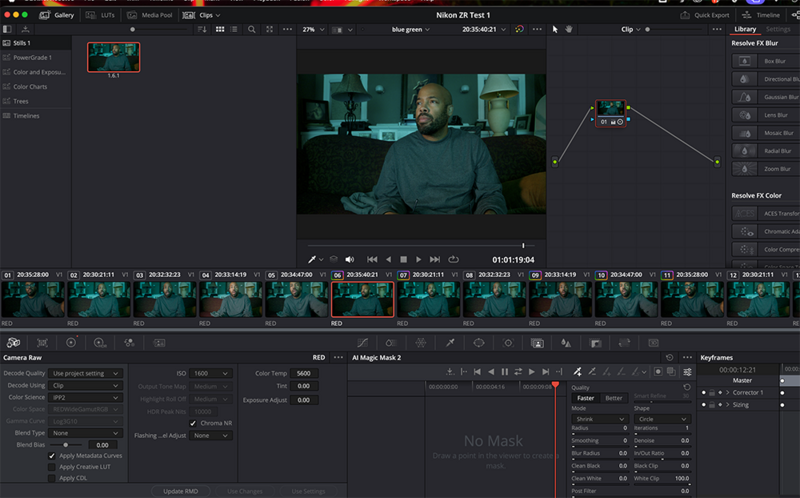 Screenshot of video editing software showing color grading interface with a man's face in the preview window.