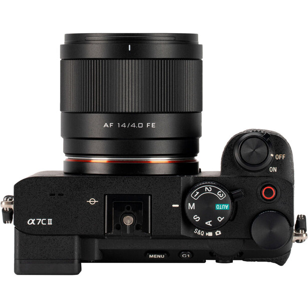 Sony a7C II mirrorless camera with AF 14/40 FE lens attached, shown from above with top control layout visible.