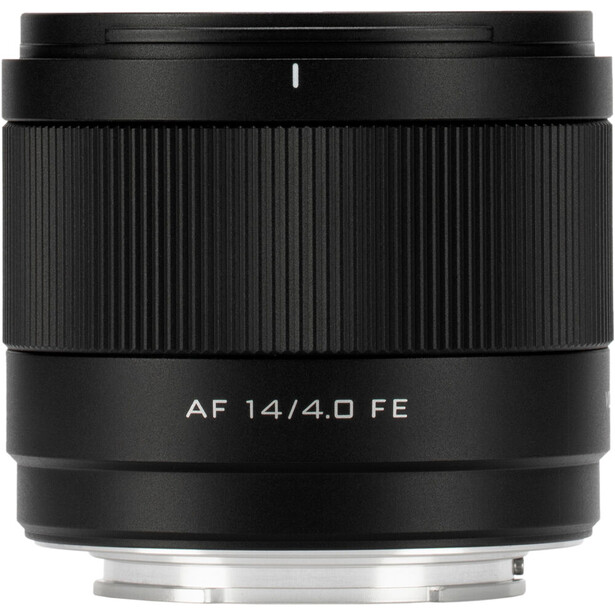 Sony AF 14/4.0 FE prime lens with black barrel and white focus ring.