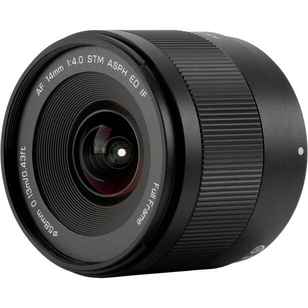 Black wide-angle prime lens with fixed focal length and STM autofocus technology.