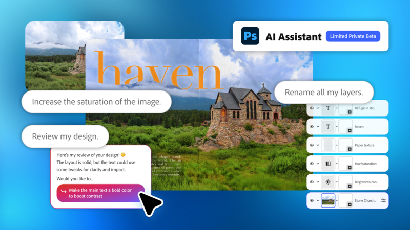 Screenshot of Photoshop AI Assistant interface showing design feedback and editing suggestions for a landscape image with a castle.