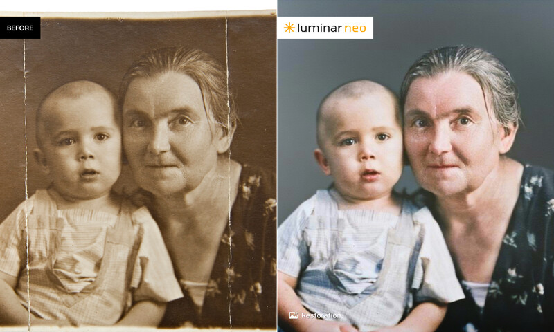 Before and after comparison of photo restoration showing a vintage portrait of two people digitally restored with improved clarity and color.