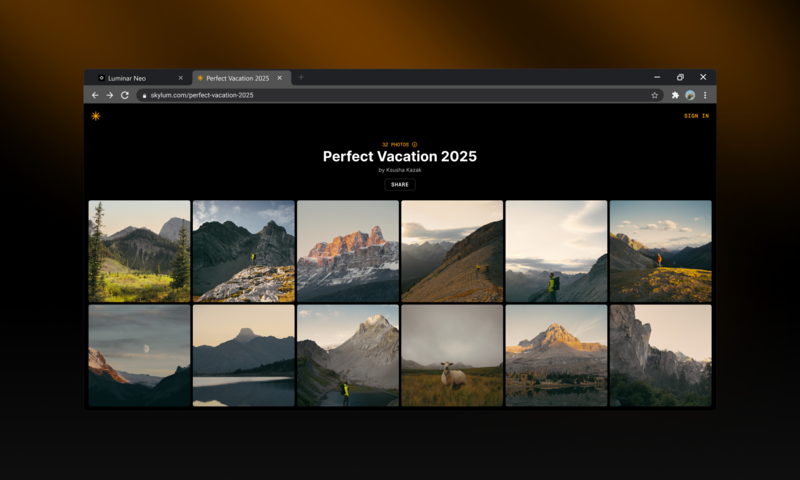 Screenshot of a web gallery displaying 12 landscape photographs organized in a grid layout titled 'Perfect Vacation 2025'.