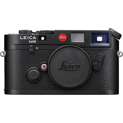 Leica M6 rangefinder camera with black leather body and lens cap removed, showing top and front controls.
