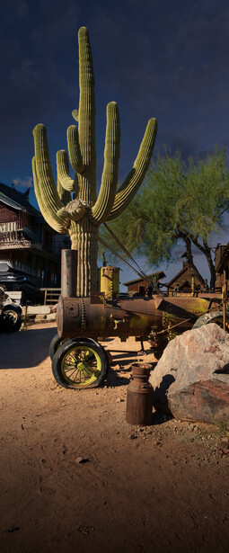 Large saguaro cactus positioned next to an old, weathered wooden wagon in desert landscape.