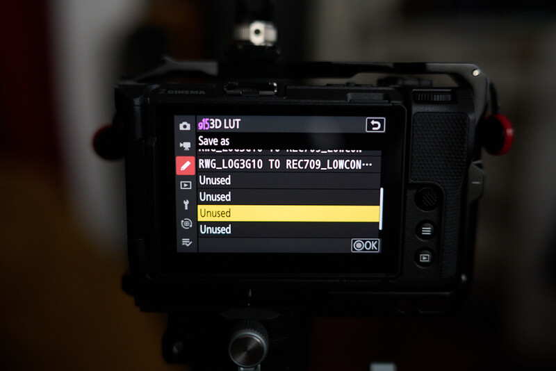 Screenshot of camera LCD menu showing color lookup table options with one entry highlighted in yellow.