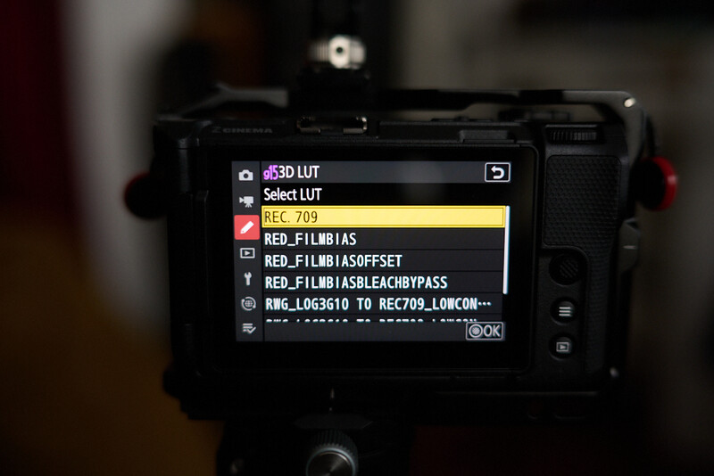 Screenshot of a RED camera's LCD menu displaying LUT selection options with REC 709 highlighted.