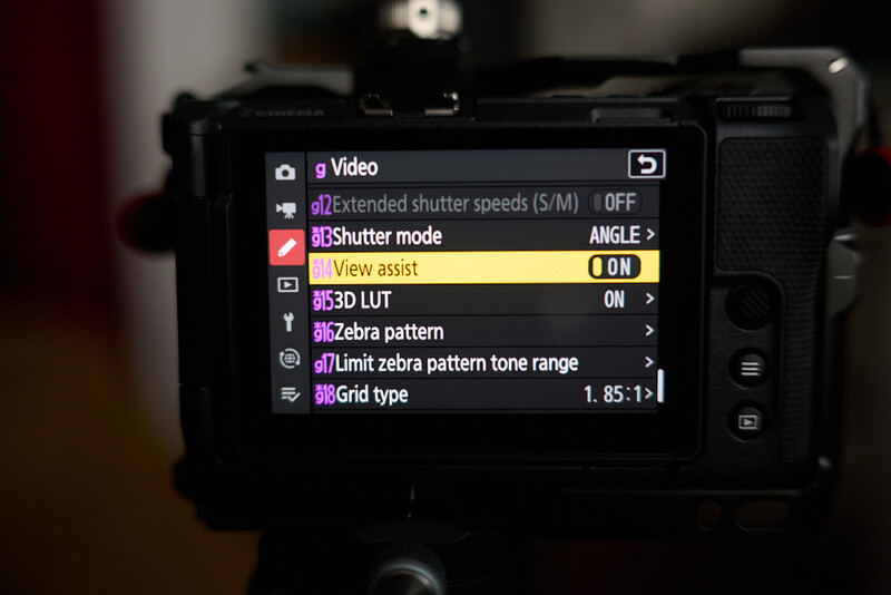 Screenshot of a camera's video menu showing shutter mode settings and zebra pattern options.