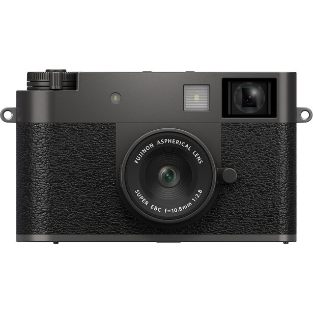 Rangefinder film camera with black textured body and fixed lens against white background.