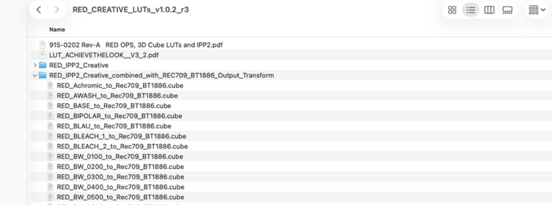Screenshot of a file directory showing RED Creative LUT files organized in folders.
