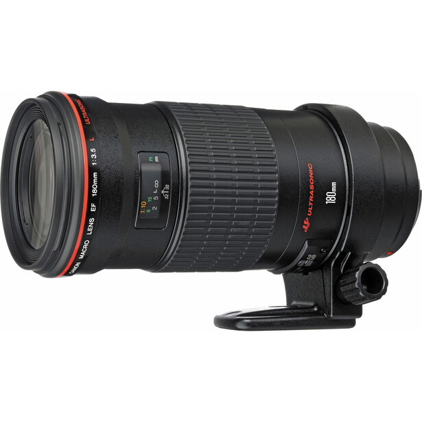 Canon EF 180mm f/2.8L macro lens with red accents and tripod collar against white background.