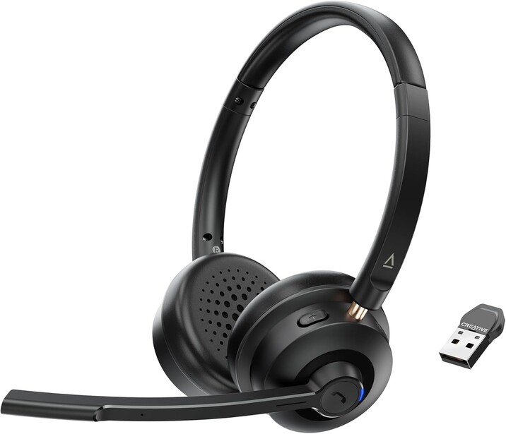 Black wireless headset with microphone boom and USB dongle receiver displayed on white background.