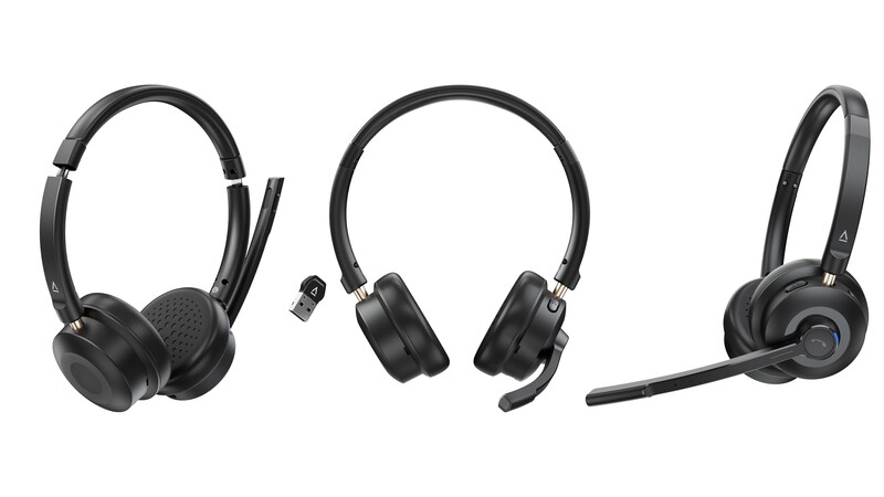 Three black wireless headsets displayed side by side against a white background.