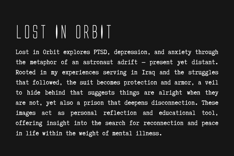 White monospace text on black background describing a photo series exploring mental health through astronaut imagery.